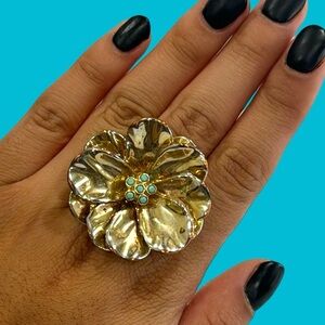 BIG GOLD FLOWER‎ TURQUOISE STONE RING SIZE 7
